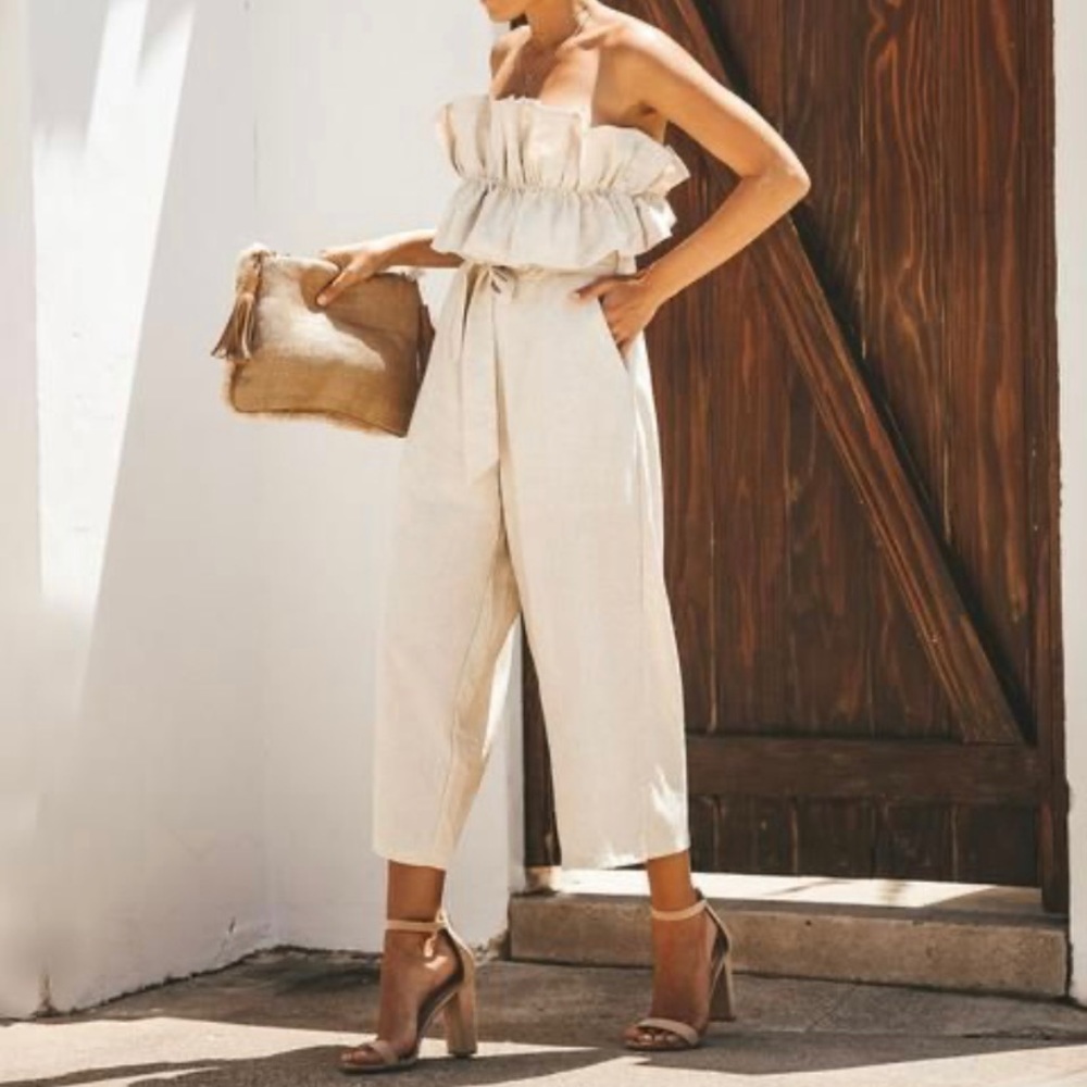 Linen jumpsuit with ruffle top